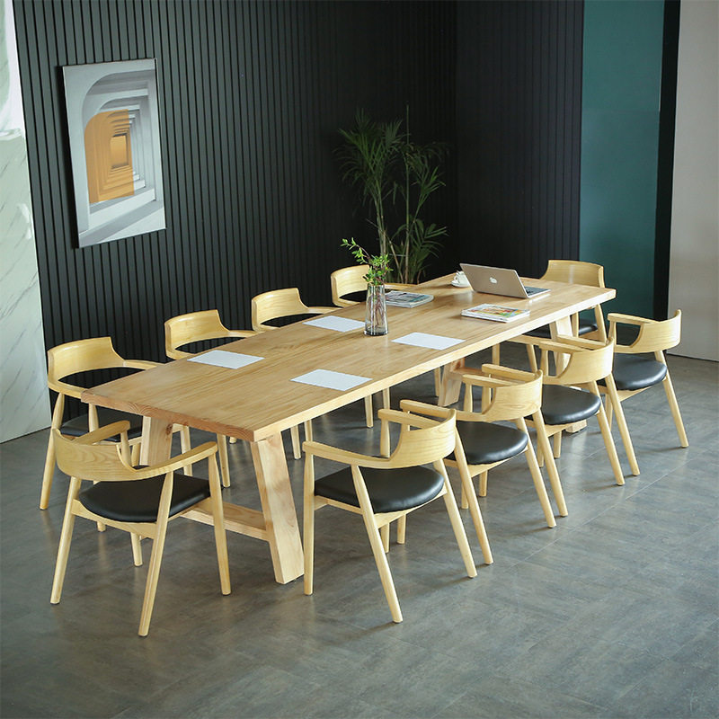 现代简约全实木办公桌椅组合办公室职员培训洽谈长桌会议桌工作台