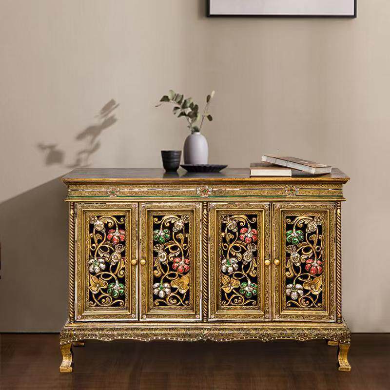泰国实木玄关柜 东南亚风格手工金箔雕花客厅装饰客厅储物隔断柜