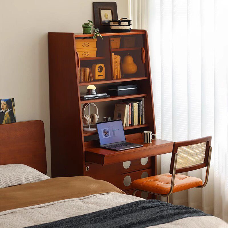 北欧中古伸缩书桌书柜一体柜 家用餐边柜抽拉黄杨木电脑桌储物柜