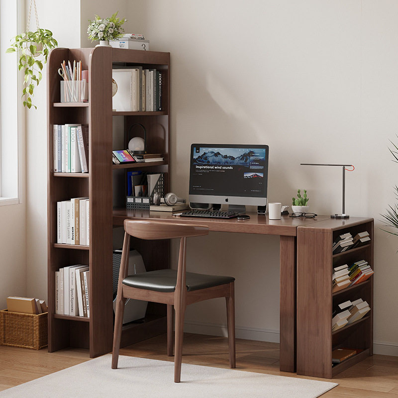 实木可伸缩转角书桌书架一体办公电脑桌卧室中学生写字台组合书柜