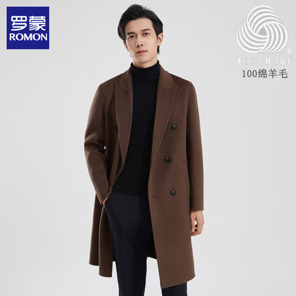 罗蒙100%羊毛大衣男中长款冬季双排扣西装领双面羊毛毛呢风衣外套