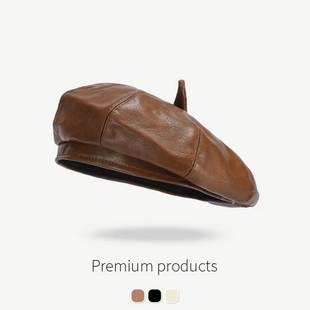 韩国PU皮质贝雷帽女帽子秋冬英伦百搭文艺画家帽港风南瓜帽八角帽