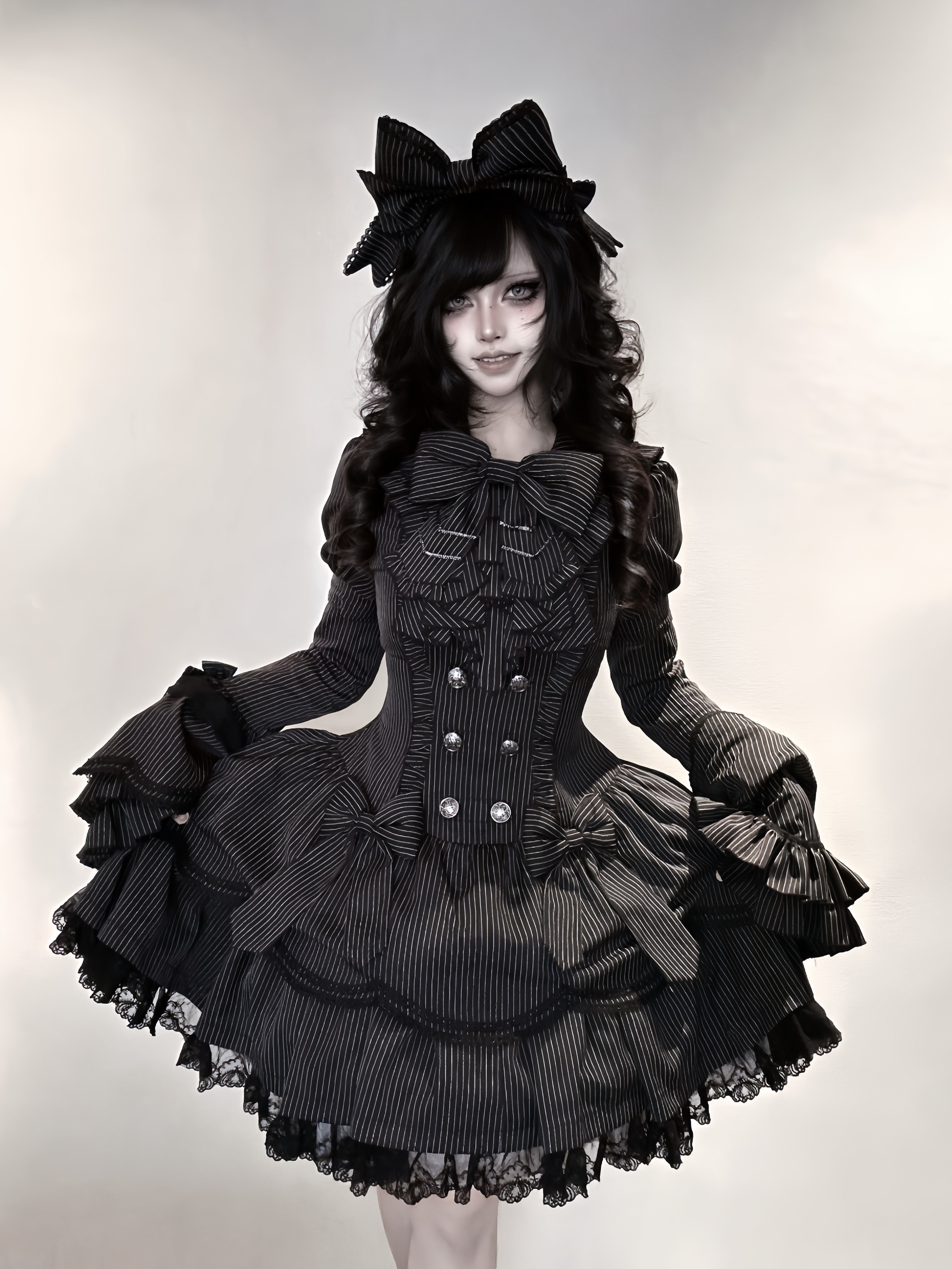 【失夢碎片定金】初代魔女原创暗黑哥特古早黑白条纹花瓣摆Lolita