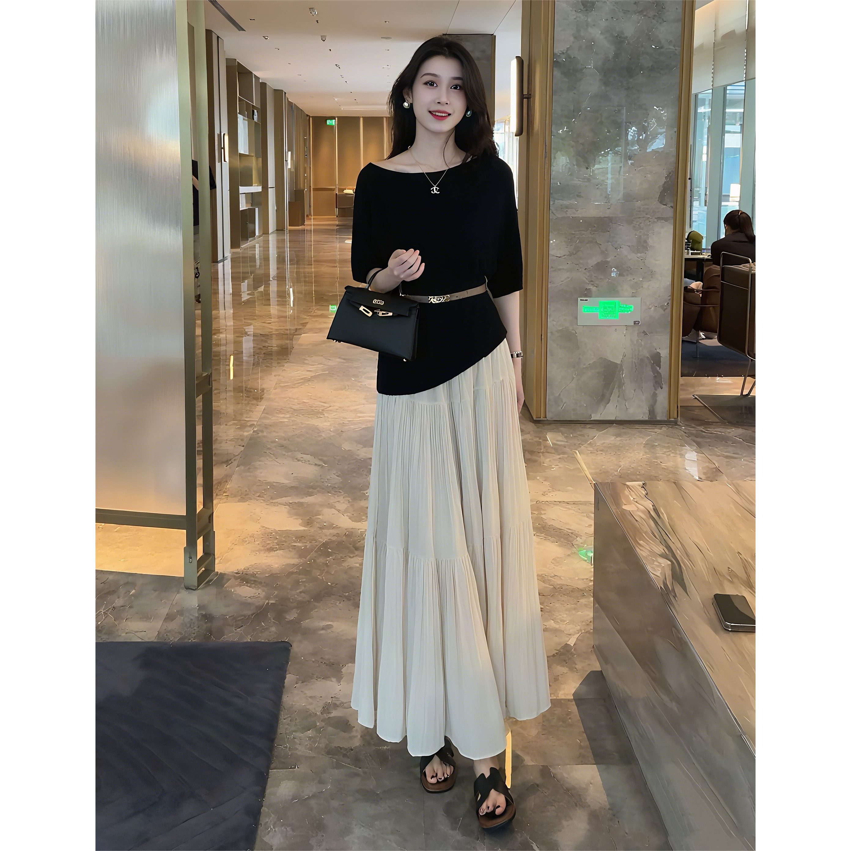 减龄套装裙女夏季新绝美髦法式宽松显瘦露肩上衣半身裙两件套