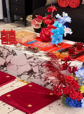 中式婚房装扮用品红色喜字茶具套装结婚用品茶几布置红蓝撞色