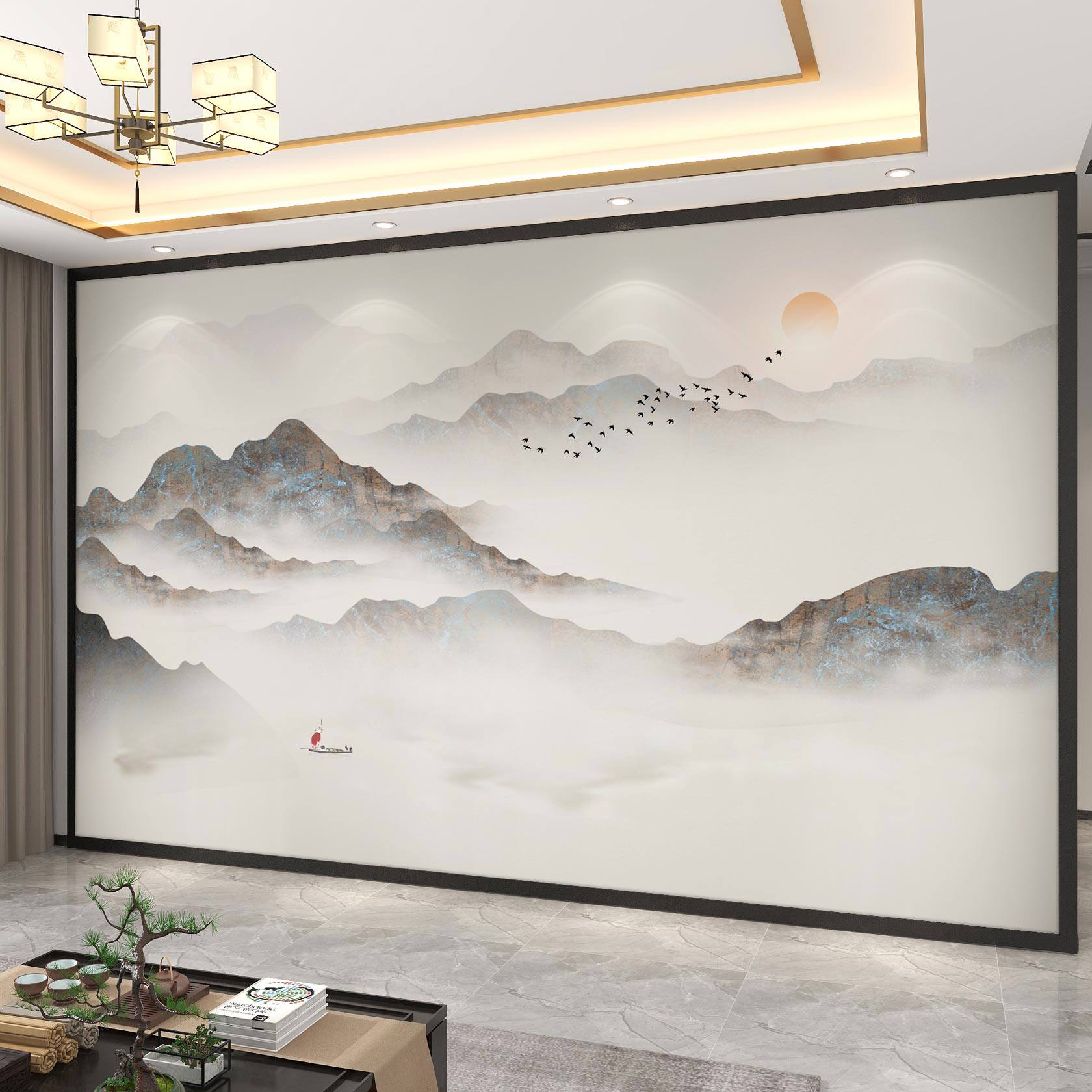 3D新中式水墨山水背景墙壁画