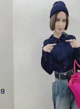 vivi欧洲站韩国时尚娃娃领玫红纽秋翻领纯色轻奢衬衫女设计感小众