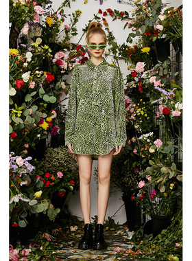 CEMT买手店 CSY中长款衬衫女薄宽松绿色豹纹宽松丝绒衬衣连衣裙