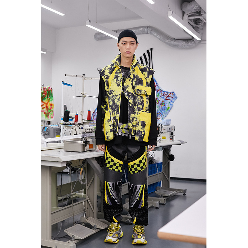 CEMT买手店 CSY黄黑扎染立领拼接PU皮马甲男工装外搭坎肩叠穿外套