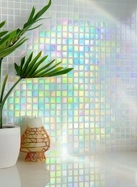 卫生间白色七彩玻璃装饰现代简约浴室马赛克背景墙幻彩洗手间墙砖