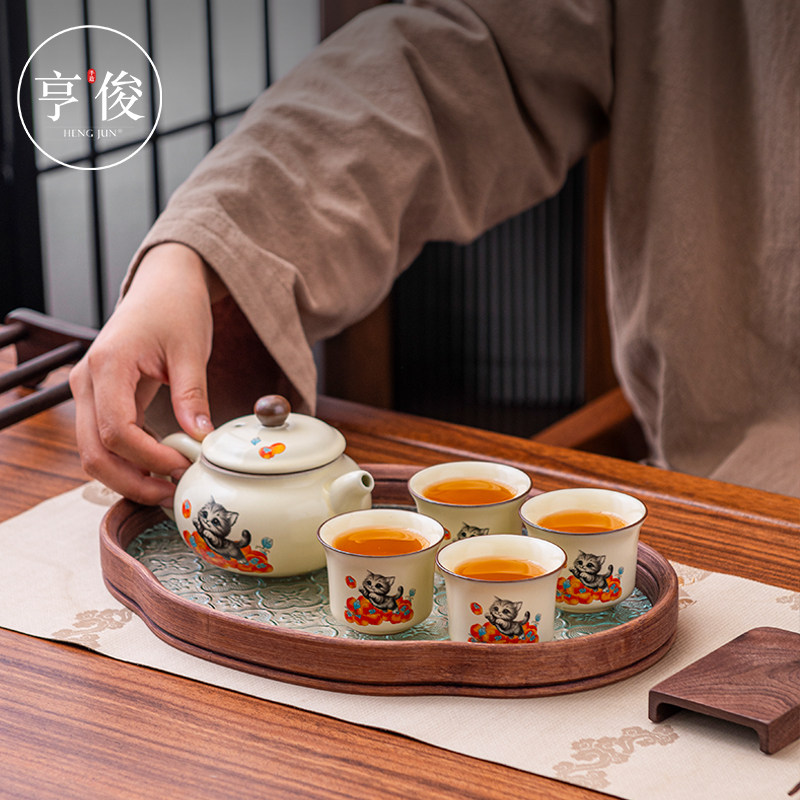 亨俊米黄汝窑如意壶茶具