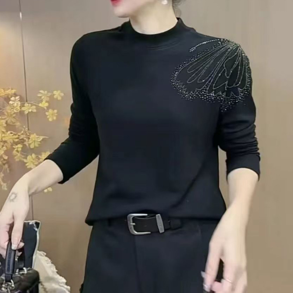 秋冬新款重工蝴蝶烫钻圆领宽松遮肚减龄长袖中老年妈妈打底衫上衣