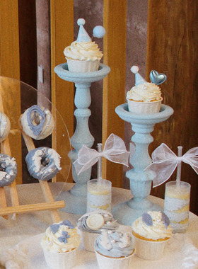 马拉卡色系蓝色北欧复古烛台摆件木质蜡烛台客厅民宿装饰品摆件