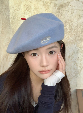 4.0升级自制~海盐蓝色贝雷帽女秋冬100%纯羊毛法式复古画家帽显瘦