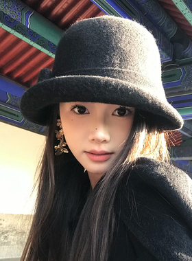 民国复古羊毛小礼帽女秋冬法式气质盆帽蝴蝶结赫本风圆顶渔夫帽子