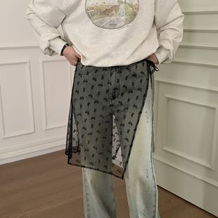叠穿蕾丝纱裙韩国ins黑纱牛仔裤屁帘纱女fever新款外穿绑带半身裙