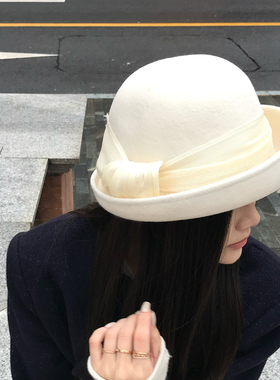 限量高级卷边白色羊毛小礼帽女秋冬法式优雅渔夫帽丝麻蝴蝶结盆帽