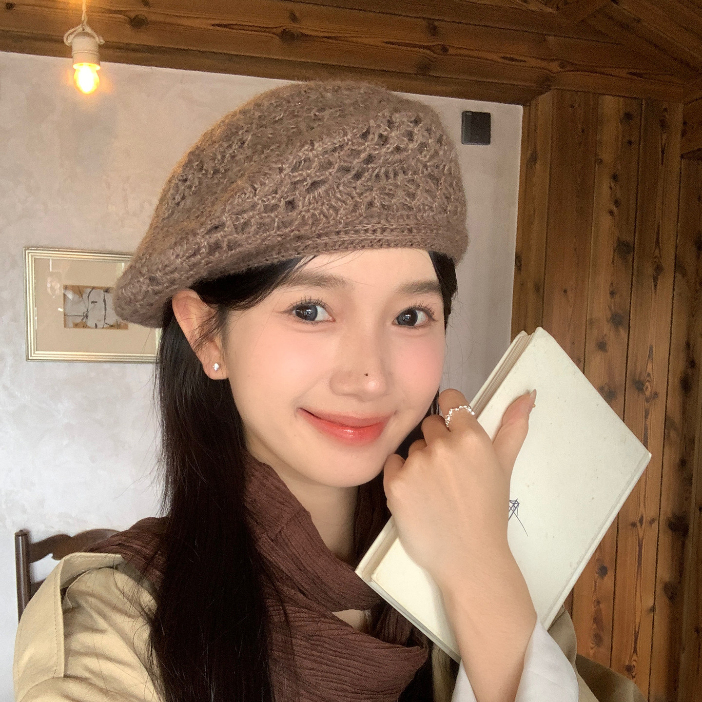 章若楠同款钩花贝雷帽子女秋冬