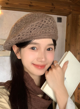 章若楠同款贝雷帽子女秋冬法式文艺复古画家帽百搭手工钩花针织帽