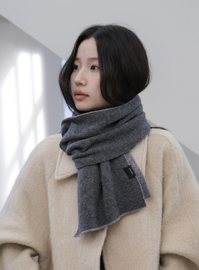 细织100%绵羊毛双面围巾女冬季2025新款高级感灰色针织保暖围脖男