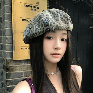 新款 铆钉豹纹贝雷帽子女秋季 时髦辣妹画家帽日系原宿大头围报童帽