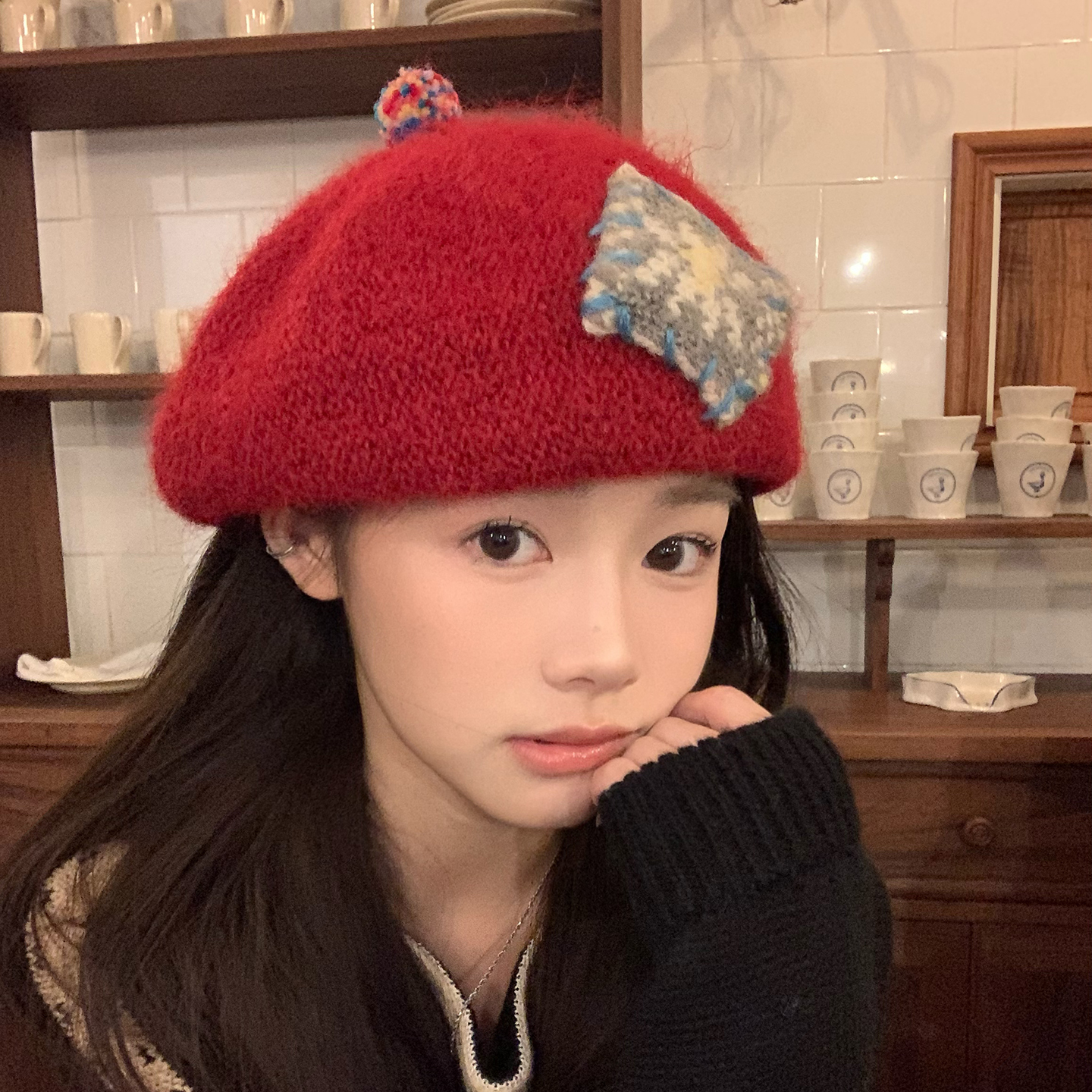 日系文艺贴布红色针织贝雷帽女秋
