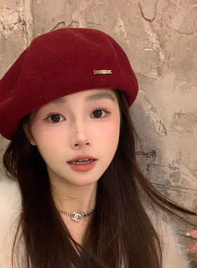 红色帽子女冬季澳洲纯羊毛呢贝雷帽女文艺复古大头围画家帽显脸小