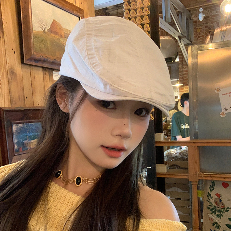 简约棉麻白色前进帽小众日系贝雷帽子女春季薄款腔调复古工体帽男
