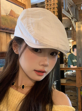 简约棉麻白色前进帽小众日系贝雷帽子女秋季薄款腔调复古工体帽男