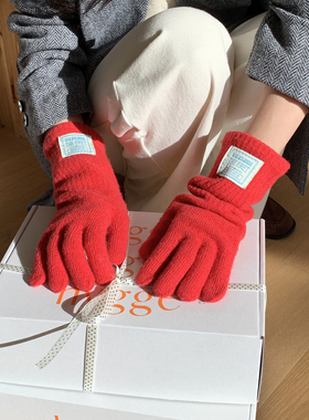 韩国东大门红色长款针织手套女冬季五指可触屏骑行防寒保暖手套男