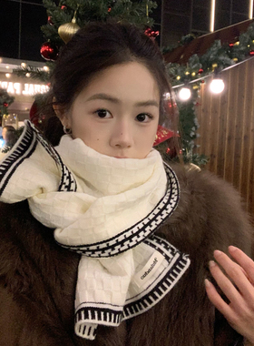 小香风白色针织围巾女冬季高级bv格编织抗起球短款毛线保暖围脖男