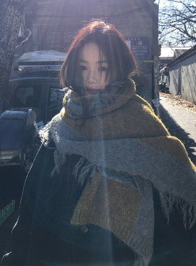 文艺诗人~小众毛边针织围巾女冬季长款加厚保暖拼色毛线围脖披肩