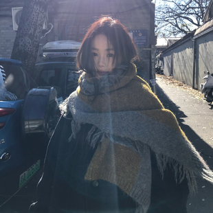文艺诗人~小众毛边针织围巾女冬季长款加厚保暖拼色毛线围脖披肩