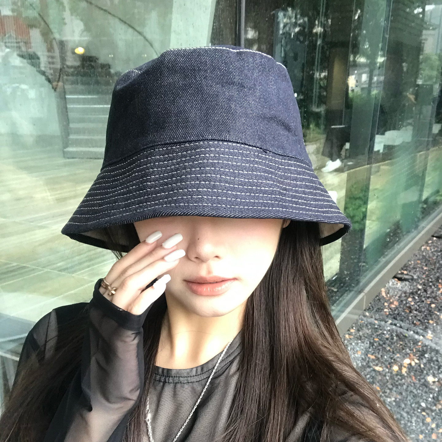 日系原宿风牛仔渔夫帽子女四季遮阳帽双面戴遮脸盆帽男户外防晒帽