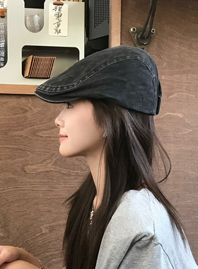 灰色做旧复古贝雷帽女休闲日系前进帽个性百搭鸭舌帽男小众工体帽