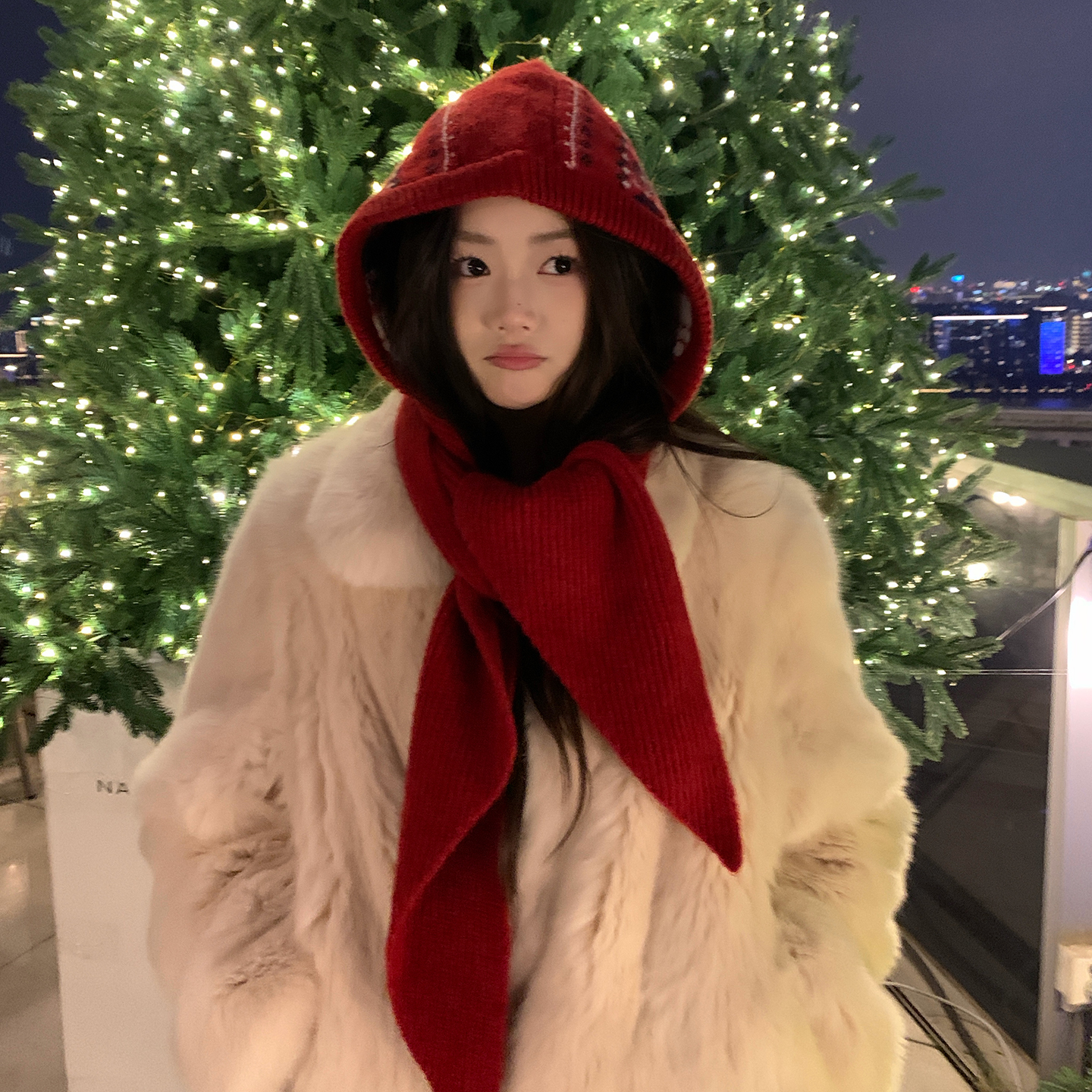 圣诞费尔岛帽子围巾一体针织帽