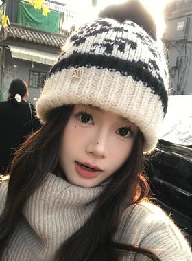韩国东大门费尔岛毛线帽子女2025冬季新款加厚护耳针织帽保暖冷帽