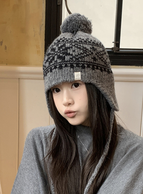 日系可爱费尔岛灰色针织帽字女冬季文艺保暖雷锋帽防风护耳毛线帽