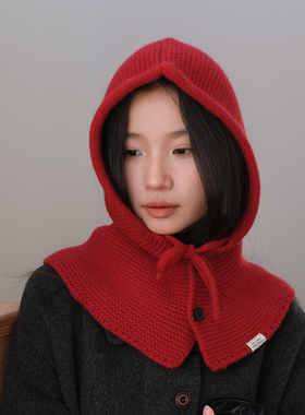 100%羊毛帽子围巾一体红色针织帽女冬季巴拉克拉法帽保暖毛线帽女