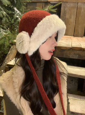 可爱耳包毛绒绒毛线帽子女冬季加厚加绒针织帽新年红色保暖雷锋帽