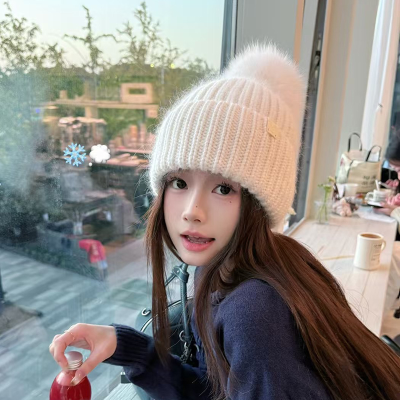 花少同款兔毛针织帽子女冬季白色加厚保暖毛线帽女狐狸毛球护耳帽