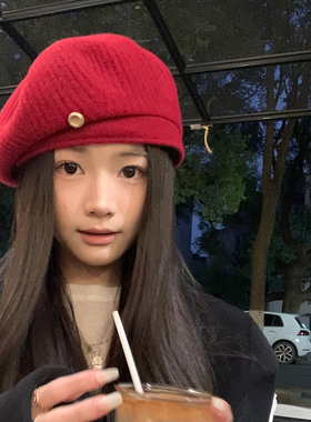 新年马年氛围红色帽子女秋冬季100%羊毛贝雷帽法式时尚复古画家帽