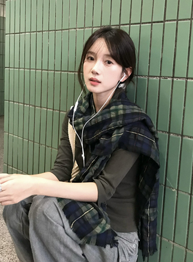 日系绿色格纹丝巾女秋季古早围巾