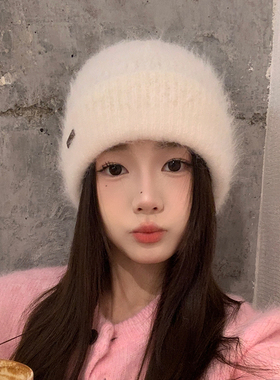 羊驼毛帽子女冬季2025新款白色羊毛混纺毛线帽毛绒绒冷帽男显脸小
