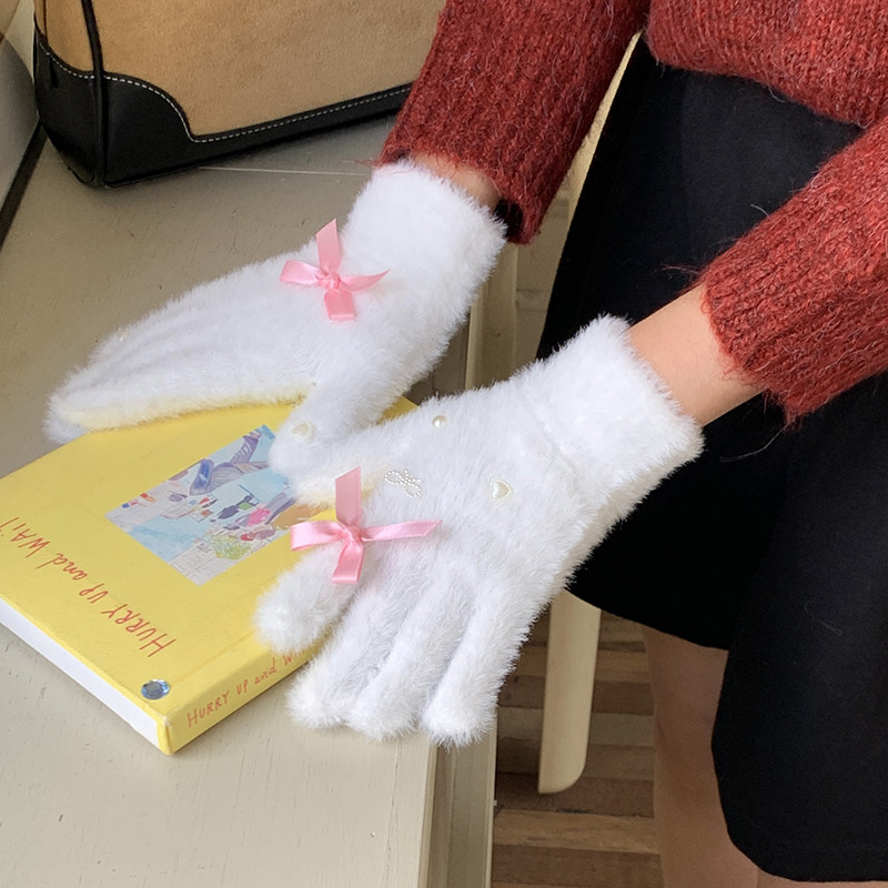白色毛线手套女冬季可爱蝴蝶结毛绒针织保暖手套可触屏防寒骑行男