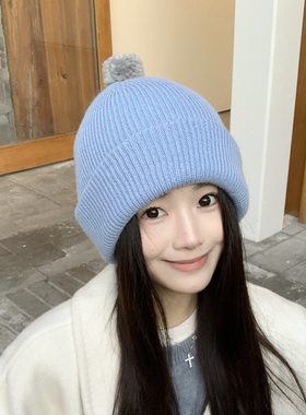 东大门可爱奶蓝色针织帽女冬季大头围包头冷帽户外防冻护耳毛线帽