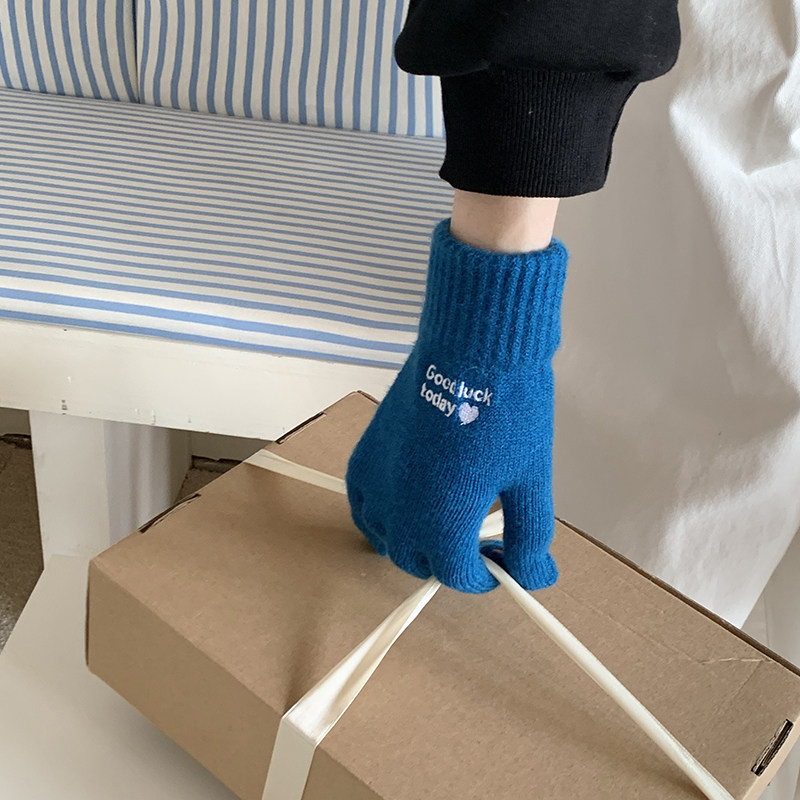 克莱因蓝针织手套女冬季韩版ins可爱刺绣防寒骑行五指手套可触屏