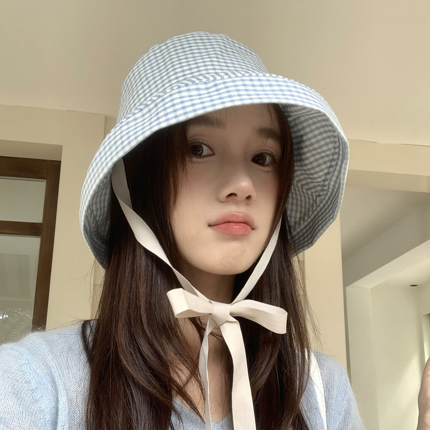 日系清新格子防晒帽子女夏季轻薄透气遮阳帽可爱绑带渔夫帽女盆帽