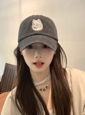 可爱小狗刺绣棒球帽子女四季百搭水洗做旧灰色鸭舌帽男大头围韩版
