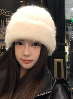 棉花糖~拉毛软糯针织帽子女冬季毛绒保暖毛线帽白色护耳帽冷帽男